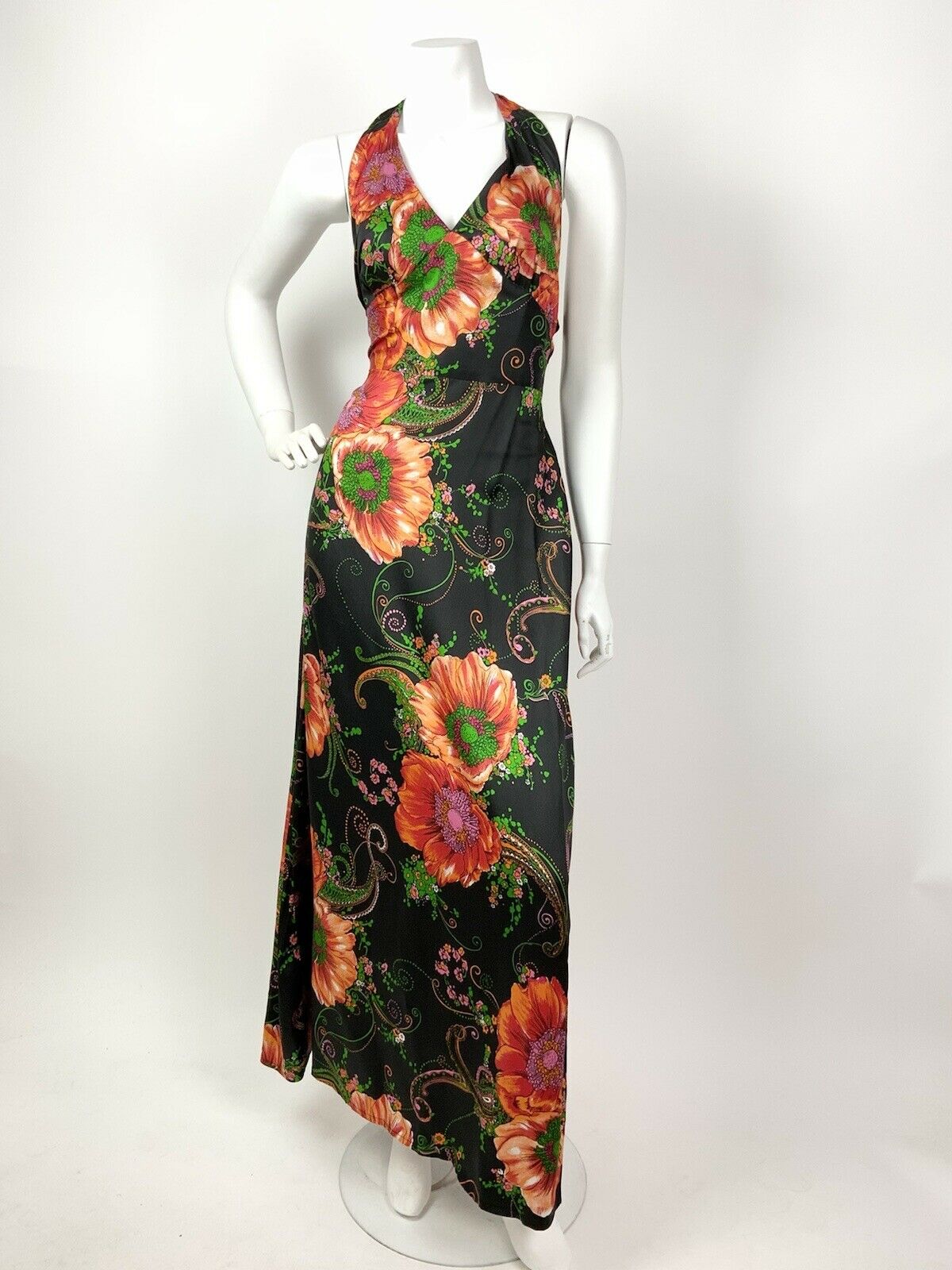 VINTAGE 60s 70s BLACK ORANGE GREEN FLORAL POPPY PAISLEY HALTER MAXI DRESS 10 12