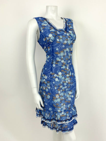 VTG 60s 70s PSYCHEDELIC BLUE WHITE BROWN FLORAL SWIRL RUFFLE TRIM DRESS 12 14