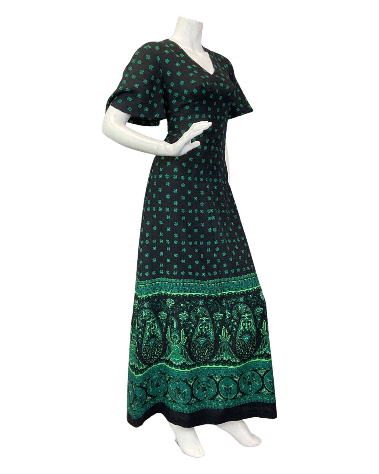 VINTAGE 60s 70s BLACK GREEN FLORAL PAISLEY MANDALA BOHO MAXI DRESS 10 12