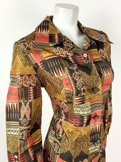 VINTAGE 60s 70s BROWN GOLD RED FLORAL ORNATE PSYCHEDELIC DAGGER SHIRT DRESS 14