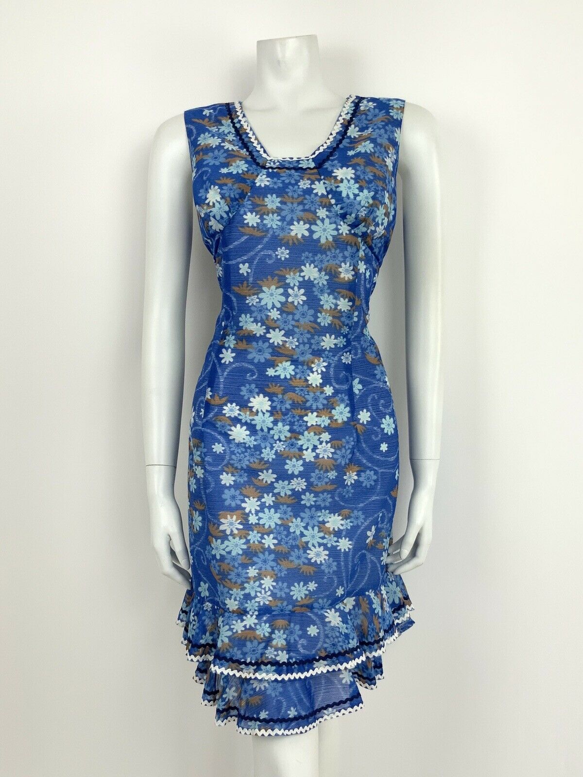 VTG 60s 70s PSYCHEDELIC BLUE WHITE BROWN FLORAL SWIRL RUFFLE TRIM DRESS 12 14