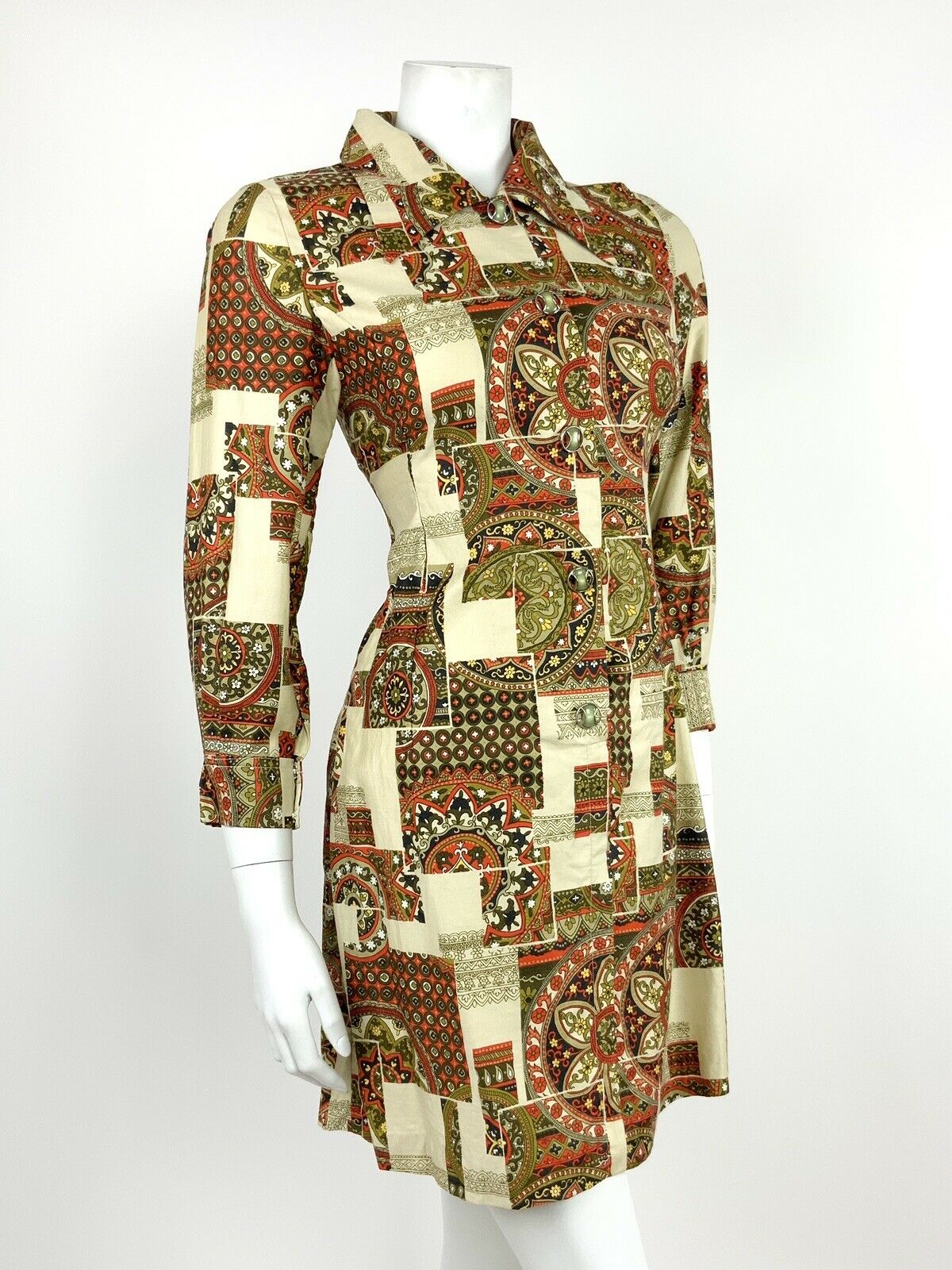 VTG 60s 70s CREAM RED BLACK GOLD GREEN FLORAL ARABESQUE SHIRT DRESS 8 10