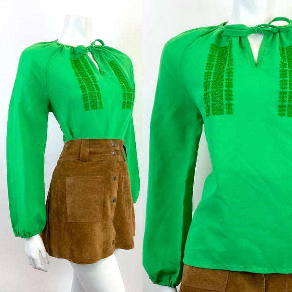 VINTAGE 60s 70s APPLE GREEN EMBROIDERED BOHO FOLK PEASANT BLOUSE TOP 12 14