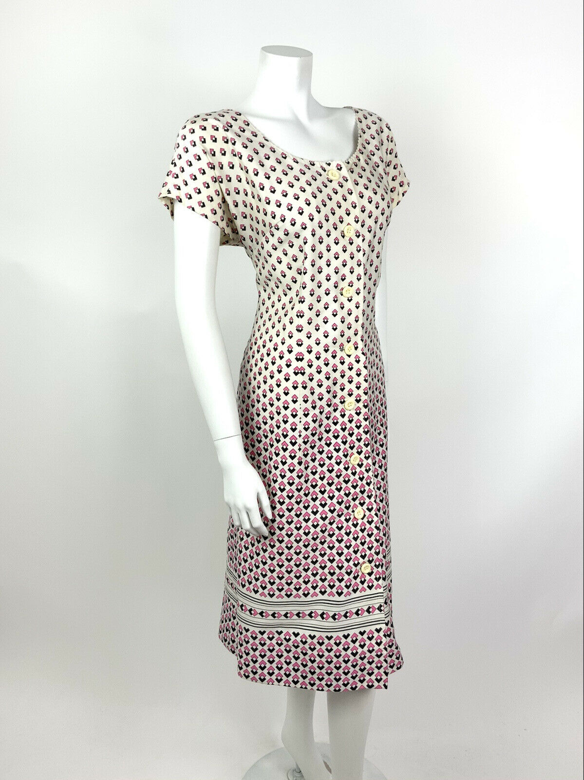 VINTAGE 60s 70s WHITE PINK BLACK GEOMETRIC SQUARE MIDI DRESS 14 16