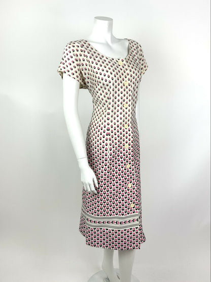 VINTAGE 60s 70s WHITE PINK BLACK GEOMETRIC SQUARE MIDI DRESS 14 16