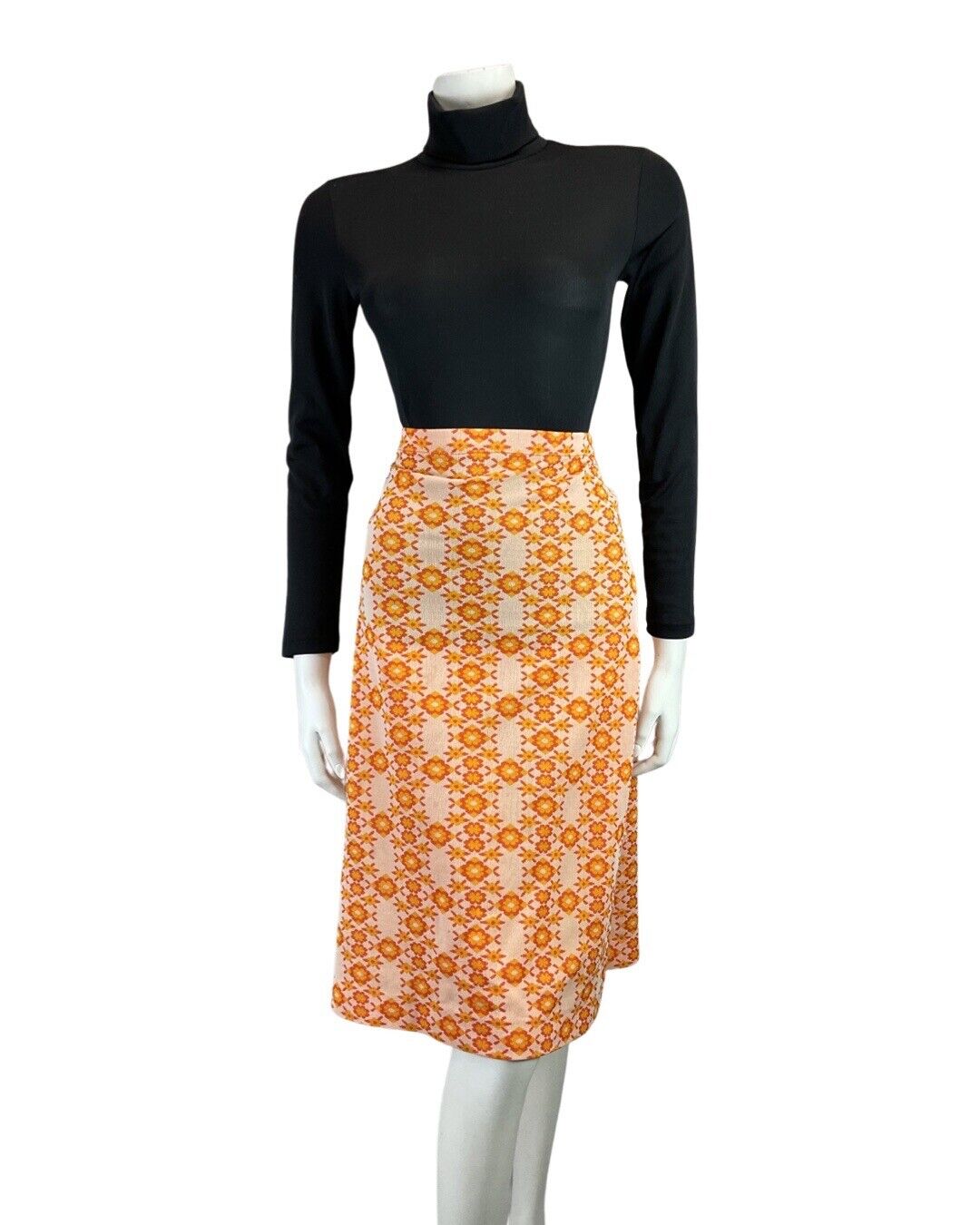 VINTAGE 60s 70s ORANGE WHITE FLOWER POWER DAISY MOD MIDI KNEE-LENGTH SKIRT 8 10