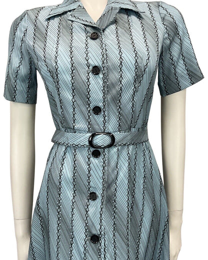 VTG 60s 70s METALLIC BLUE BLACK PATTERNED BUTTON DOWN BELTED SHIRT DRESS 10 12