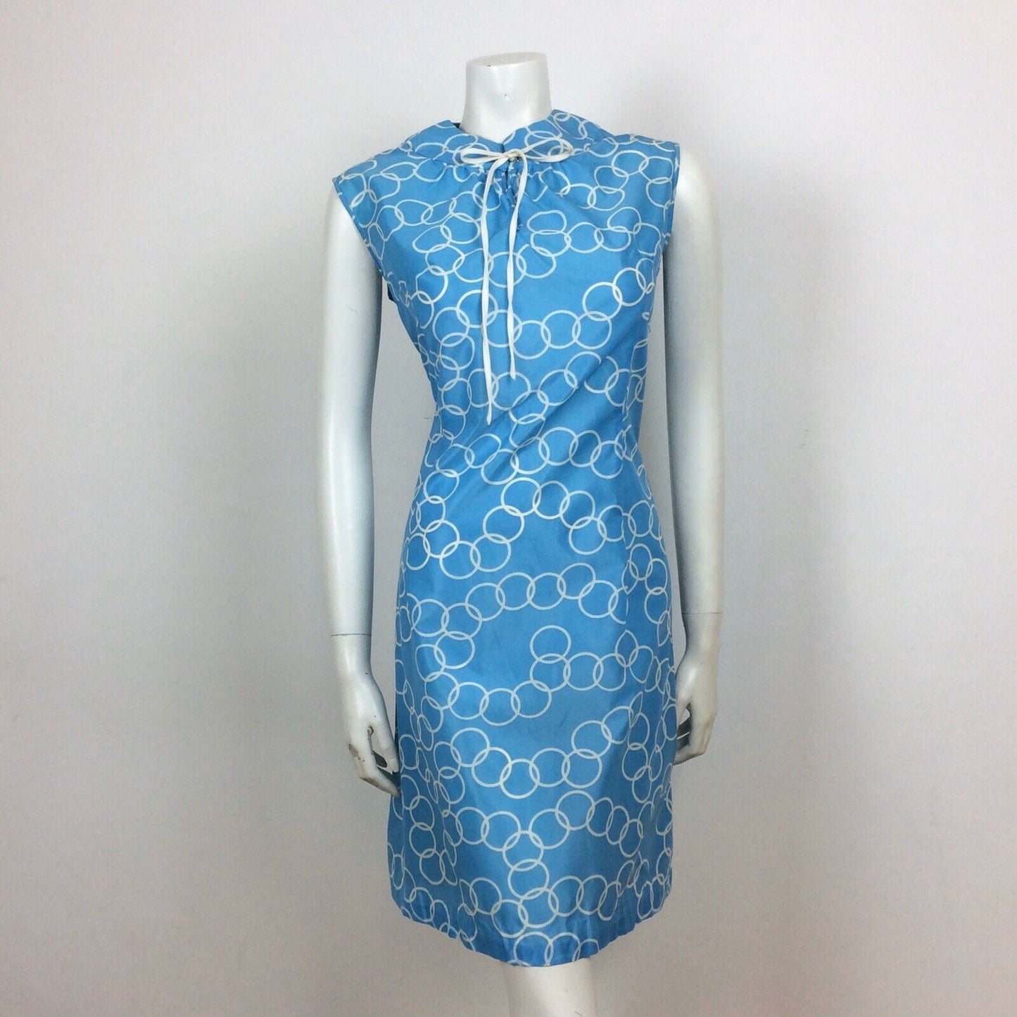 60S VINTAGE BLUE WHITE CIRCLE HOOP PRINT VINTAGE DRESS 10 12