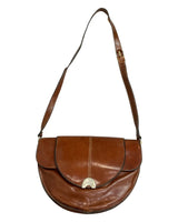 VINTAGE 60s 70s CINNAMON BROWN LEATHER METAL MOD BOHO SADDLE SHOULDER BAG