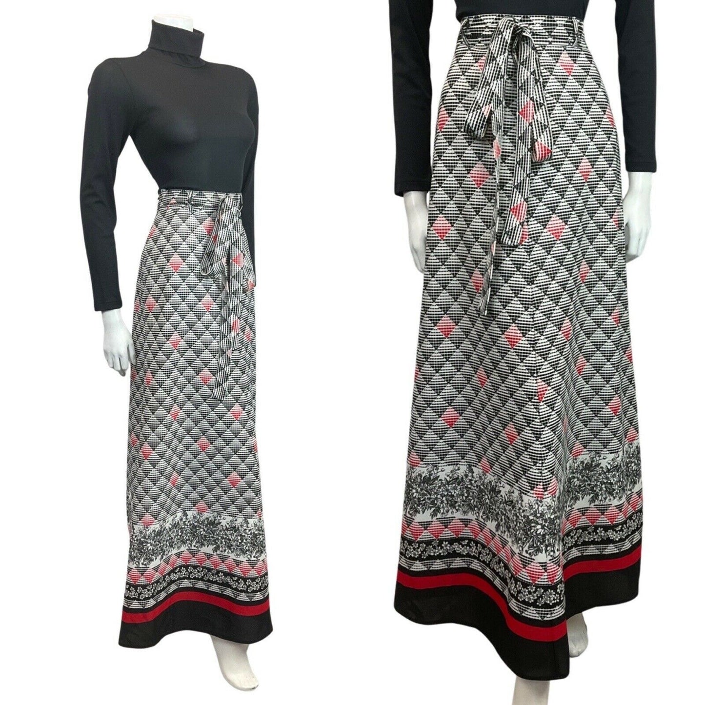 VINTAGE 60s 70s WHITE BLACK RED CHECKED FLORAL BELTED MOD BOHO MAXI SKIRT 8 10