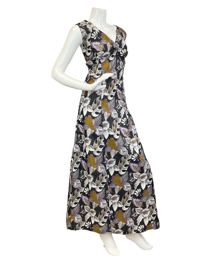 VINTAGE 60s 70s GREY BLACK PURPLE FLORAL LEAFY SLEEVELESS MAXI DRESS 16