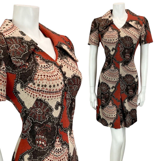 VTG 60S 70S BROWN BEIGE TAN METALLIC PSYCHEDELIC PRINT MOD MINI DRESS 10 12