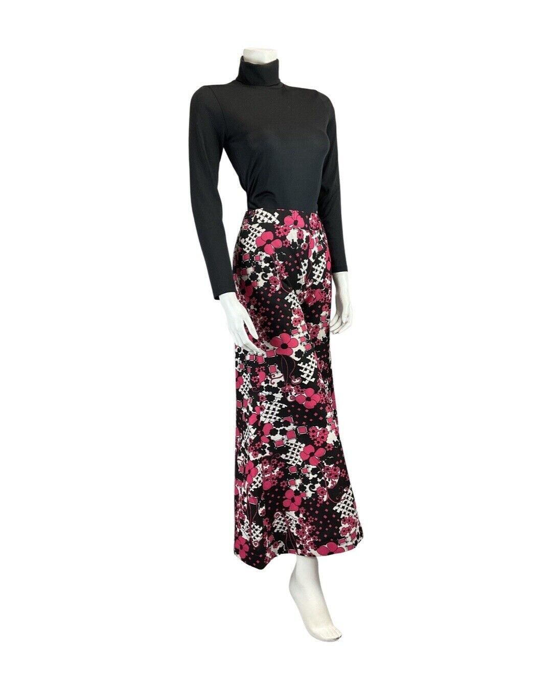 VINTAGE 60s 70s BLACK PINK PSYCHEDELIC FLORAL MOD CULOTTE FLARES 10 12