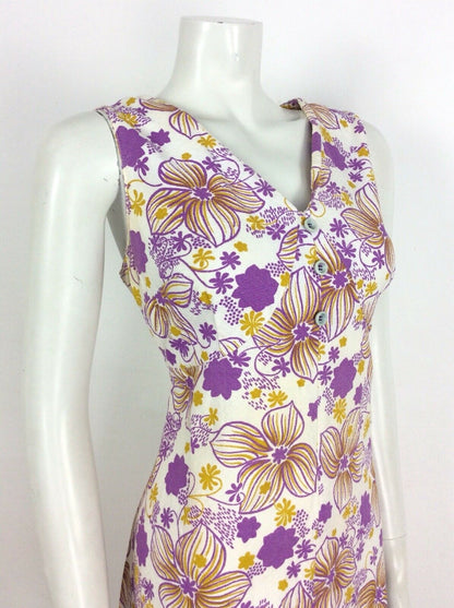 60S VINTAGE WHITE PURPLE TEXTURED PSYCHEDELIC FLORAL SLEEVELESS DRESS 16 18