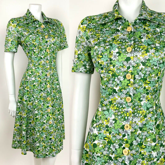 VINTAGE 60s 70s GREEN WHITE YELLOW FLORAL DITSY SHIRT WAIST SUMMER DRESS 12 14