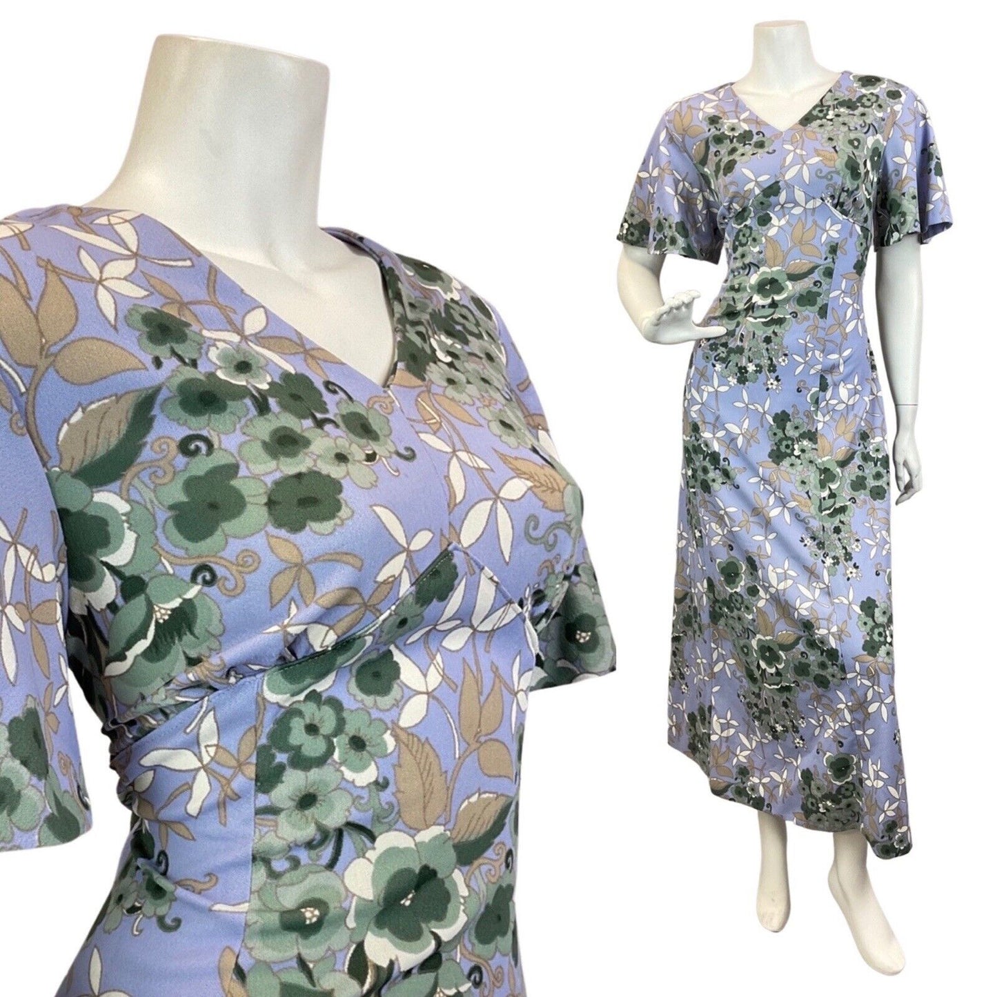 VINTAGE 60s 70s PURPLE GREEN FLORAL BELL SLEEVE MAXI DRESS 12