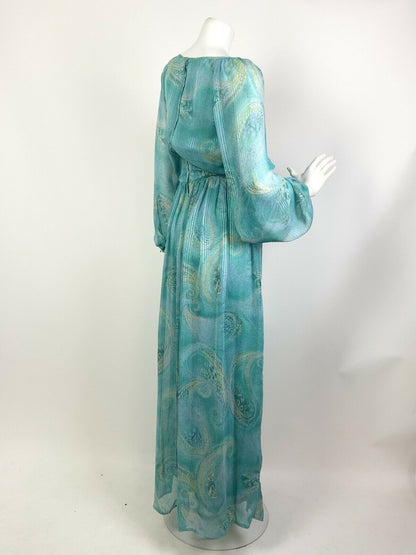 VINTAGE 60s 70s BLUE PEACH LILAC GREEN BOTEH PAISLEY SHEER BOHO MAXI DRESS 10 12