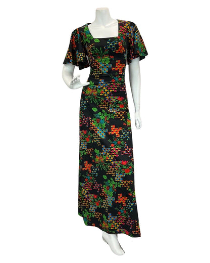 VTG 60s 70s BLACK RED GREEN BLUE FLORAL PSYCHEDELIC ANGEL SLEEVE MAXI DRESS 10