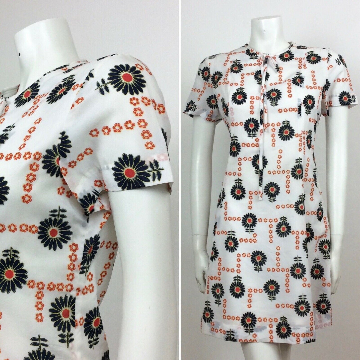 60s VINTAGE WHITE BLACK RED FLORAL FLOWER DAISY PATTERN DRESS 14