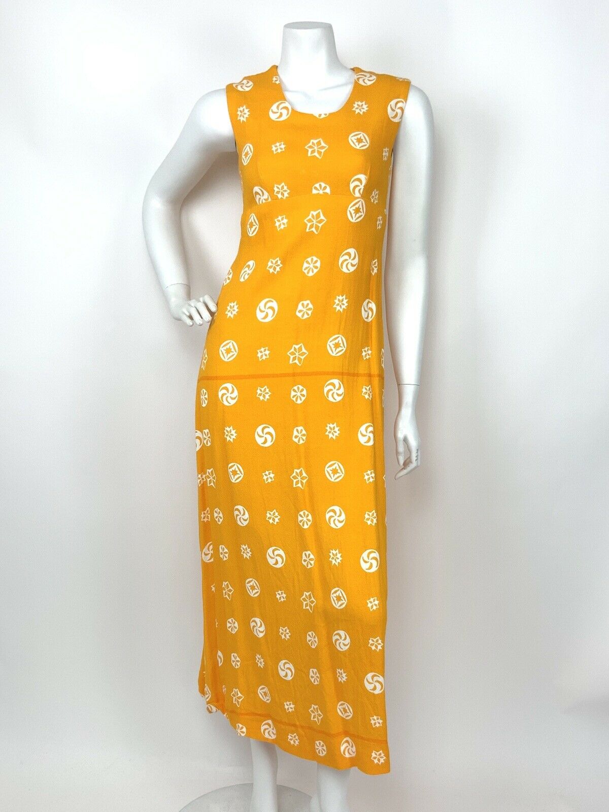 VINTAGE 60s 70s YELLOW ORANGE WHITE ABSTRACT STAR CIRCLE PINWHEEL MAXI DRESS 8