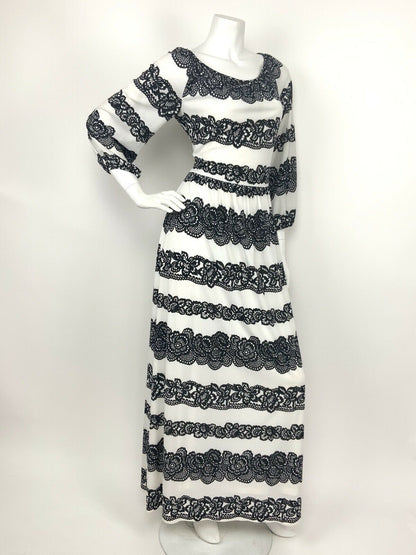 VINTAGE 70s WHITE BLACK STRIPED FLORAL LACE SUMMER MAXI DRESS 12