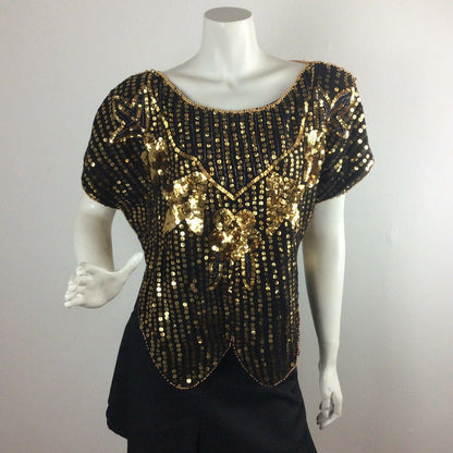 VINTAGE 1970’S BUTTERFLY TOP,BLACK, GOLD SEQUINS, BEADS, DISCO EVENING 8 10