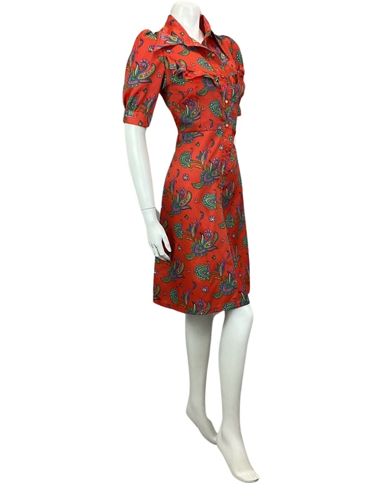 VTG 60s 70s RED BLUE PINK PAISLEY PRINT RUFFLED DAGGAR COLLAR MIDI DRESS 10 12