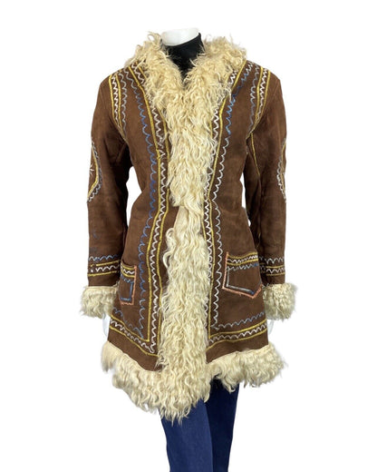 VINTAGE 60s 70s BROWN CREAM BLUE EMBROIDERED PENNY LANE BOHO SHEARLING COAT 10