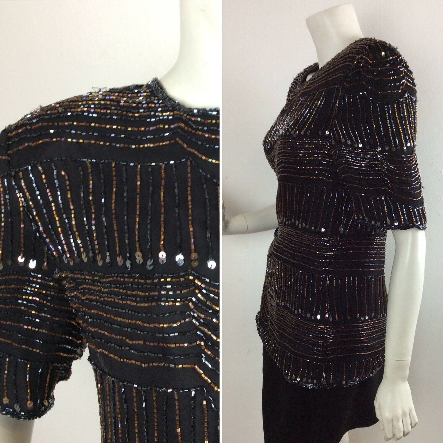 VTG 70S 80S SEQUIN BLACK PARTY DISCO TUNIC TOP 12 14