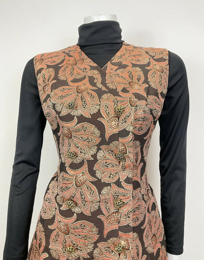 VTG 60s 70s ORANGE GOLD BLACK FLORAL BAROQUE PARTY GLAM WAISTCOAT DRESS 10 12