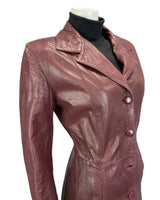 VINTAGE 60s 70s DARK PLUM BIG COLLAR LEATHER MOD TRENCH JACKET 14 16