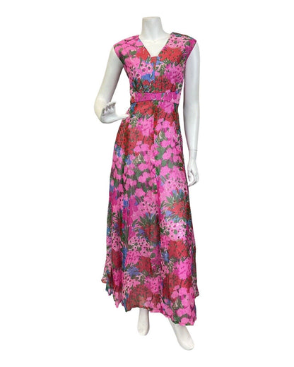 VINTAGE 70s PINK RED GREEN PSYCHEDELIC FLORAL SLEEVELESS SUMMER MAXI DRESS 12 14