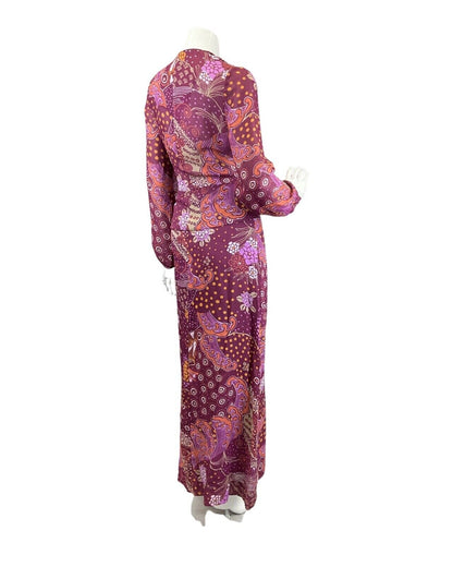 VINTAGE 60s 70s PURPLE ORANGE PSYCHEDELIC FLORAL MOD PEPLUM MAXI DRESS 8 10