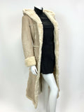 VTG 60s 70s BEIGE CREAM SHEARLING SHEEPSKIN HOODED TOGGLE BOHO MOD COAT 12 14