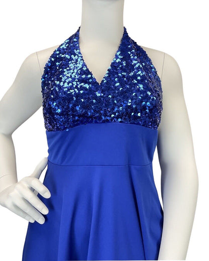 VINTAGE 60s 70s ROYAL BLUE SEQUIN HALTER DISCO STUDIO 54 MAXI DRESS 10 12