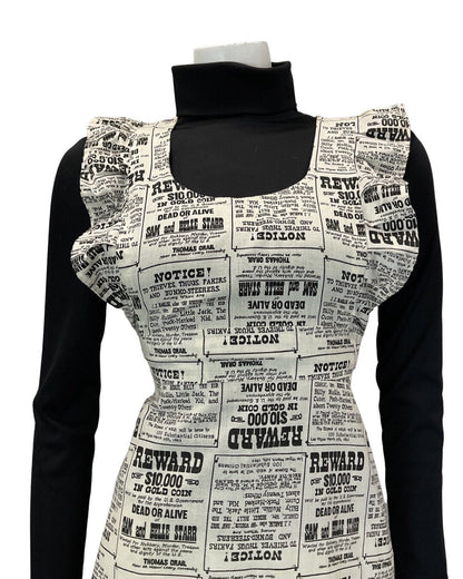 VINTAGE 60s 70s WHITE BLACK NEWSPAPER WANTED POSTER APRON PINAFORE DRESS 10 12