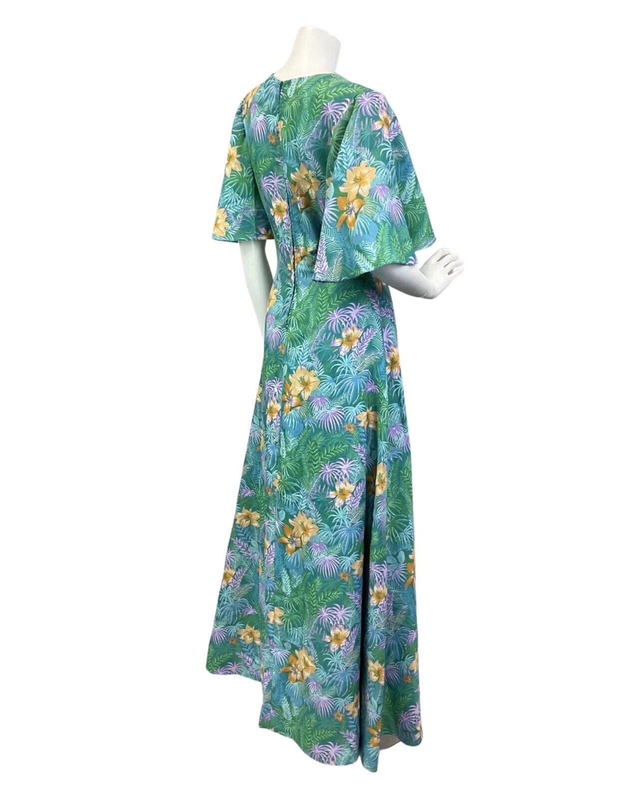 VTG 60s 70s GREEN BLUE YELLOW HAWAIIAN FLORAL PALM LEAVES TROPICAL MAXI DRESS 10