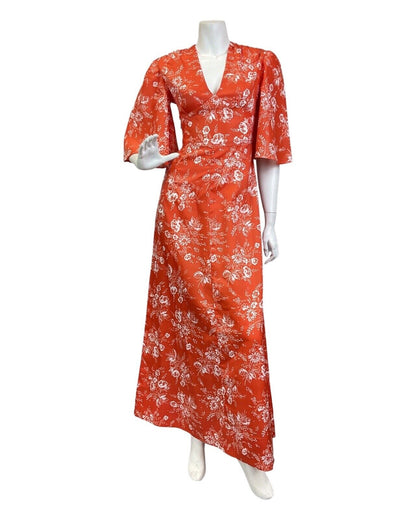 VINTAGE 60s 70s ORANGE WHITE FLORAL DOTTY BELL SLEEVE BOHO SUMMER MAXI DRESS 6