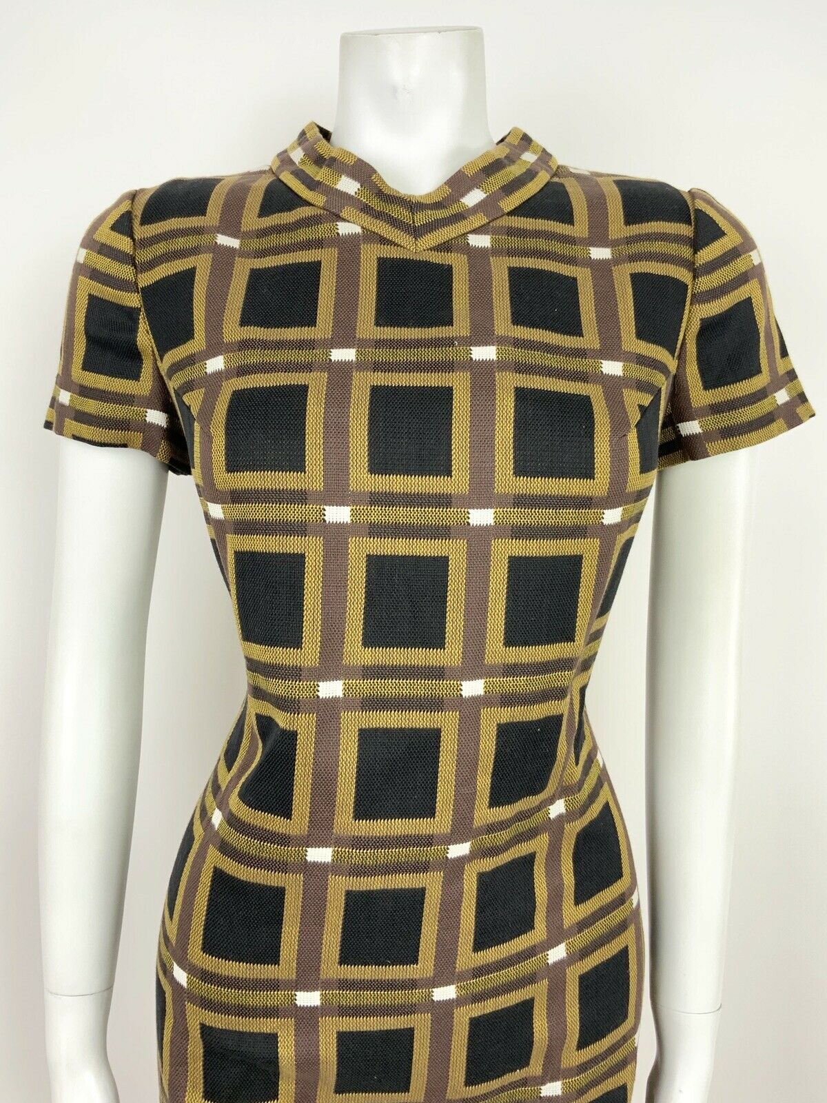 VINTAGE 60s 70s BROWN BLACK YELLOW WHITE GEOMETRIC SQUARE MOD SHIFT DRESS 10 12