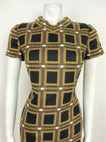 VINTAGE 60s 70s BROWN BLACK YELLOW WHITE GEOMETRIC SQUARE MOD SHIFT DRESS 10 12