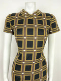 VINTAGE 60s 70s BROWN BLACK YELLOW WHITE GEOMETRIC SQUARE MOD SHIFT DRESS 10 12