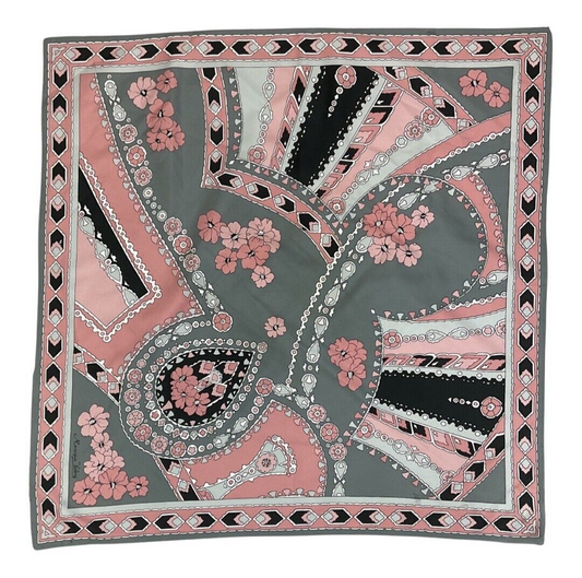 VINTAGE 60s 70s GREY SILVER PINK FLORAL GEOMETRIC MOD SQUARE SCARF