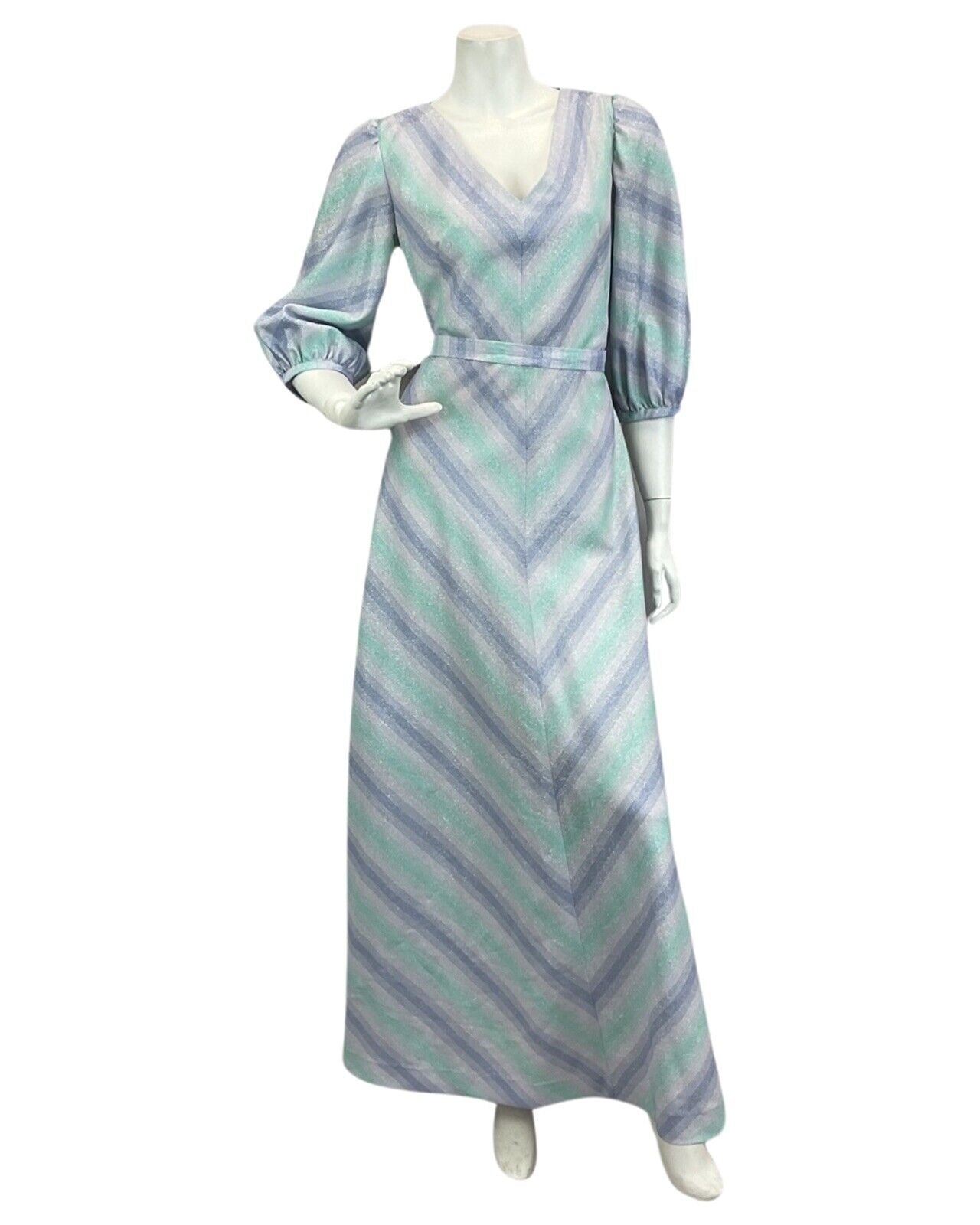 VINTAGE 60s 70s BLUE LILAC SILVER ABSTRACT PRINT BOHO DISCO PARTY  MAXI DRESS 12