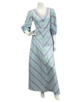VINTAGE 60s 70s BLUE LILAC SILVER ABSTRACT PRINT BOHO DISCO PARTY  MAXI DRESS 12