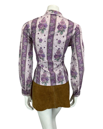 VINTAGE 60s 70s PURPLE LILAC FLORAL PAISLEY BOHO HIPPY BLOUSE 12 14