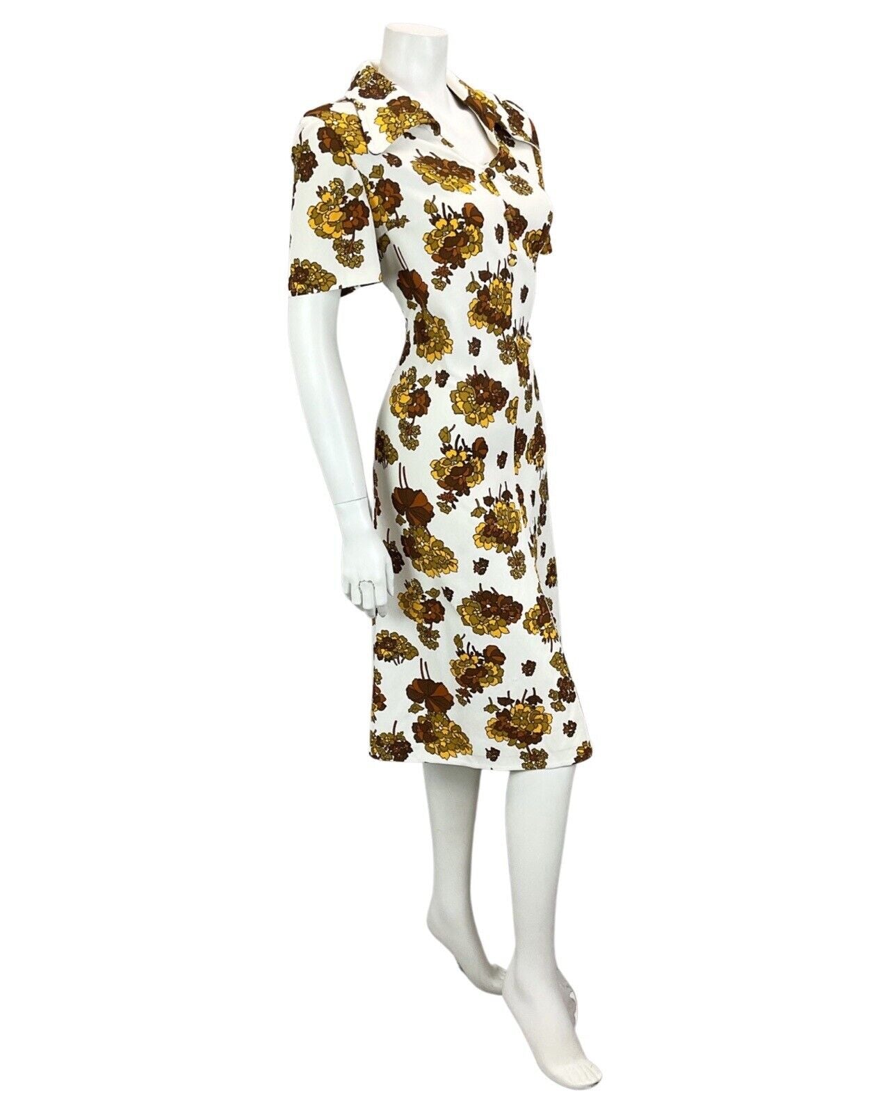 VINTAGE 60S 70S WHITE BROWN MUSTARD FLORAL AUTUMNAL MINI DRESS 14 16