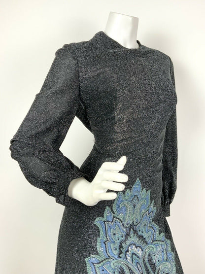 VINTAGE 60s 70s BLACK SILVER BLUE PAISLEY MANDALA ETHNIC LUREX MAXI DRESS 12 14