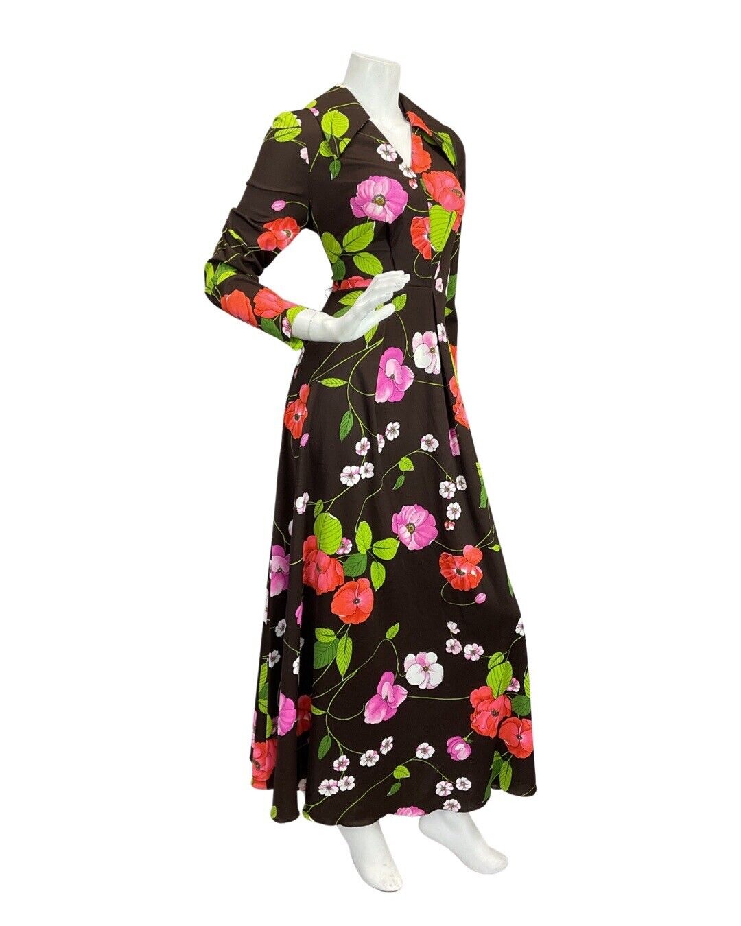 VINTAGE 60s 70s BROWN PINK GREEN FLORAL DAGGER COLLAR SHIRT MAXI DRESS 10