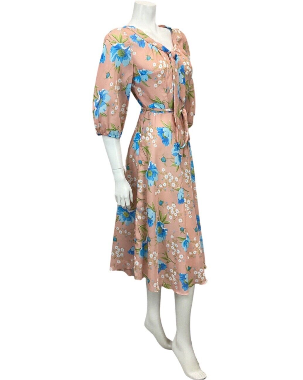 VINTAGE 60s 70s PASTEL PINK BLUE GREEN FLORAL PRINT MIDI TIE NECK DRESS 10 12