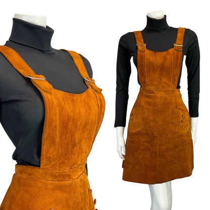 VINTAGE 60s 70s BROWN SUEDE PINAFORE BOHO MOD APRON DRESS 12